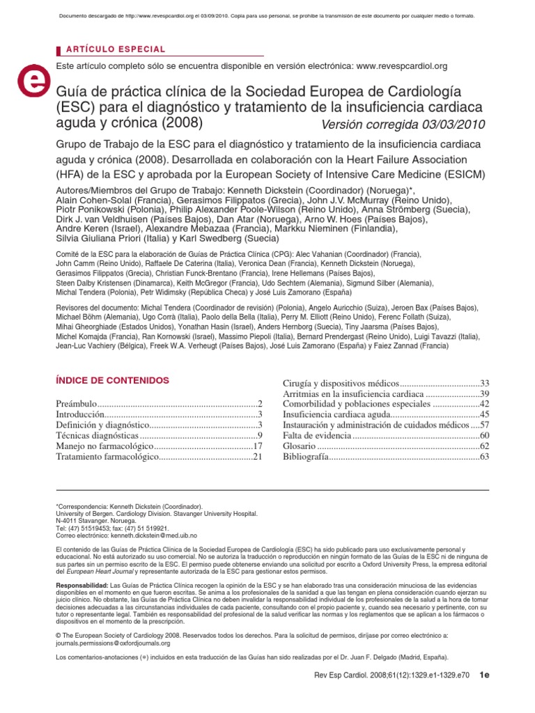 GUÍA DE PRÁCTICA CLÍNICA DE LA SOCIEDAD EUROPEA DE CARDIOLOGÍA Insuficiencia cardíaca