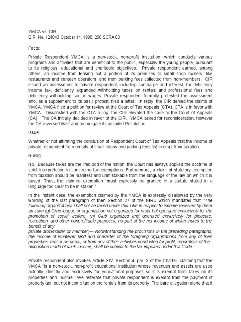 YMCA vs. CIR PDF Tax Exemption Taxes