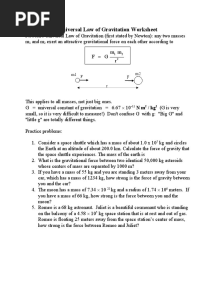 Universal Law of Gravitation Worksheet