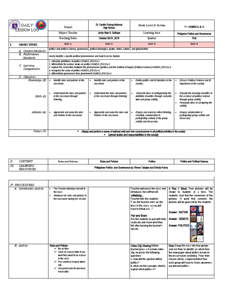 Philippine Politics Lesson Plan DLL | PDF | Governance | Teachers