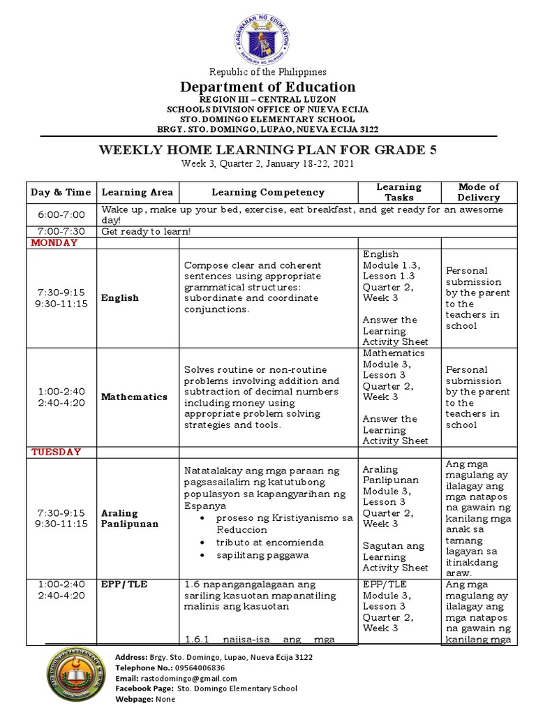 Grade 5 Weekly Learning Plan | PDF | Human Nature | Learning