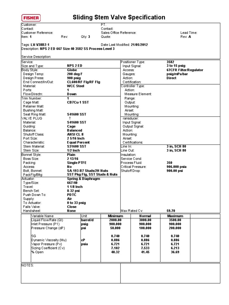 Data Sheet Control Valve Fisher PDF Valve Pressure