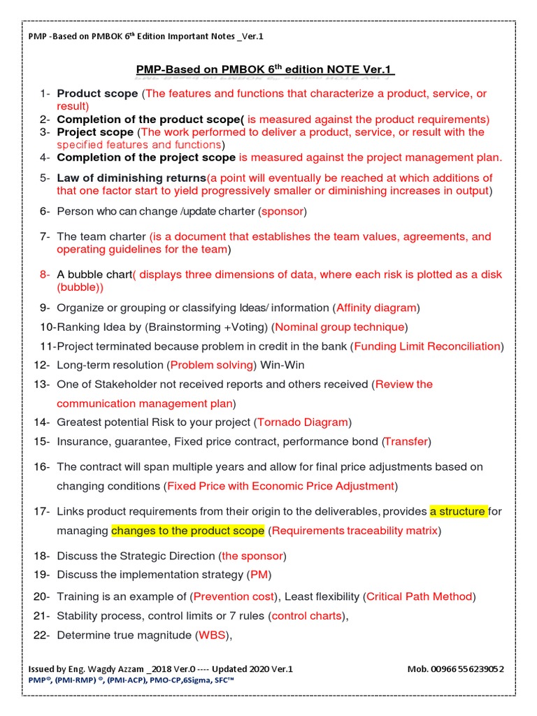 Very Important Notes PMP 6th - Issued by Wagdy Azzam Ver.1 | PDF ...