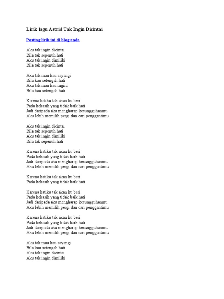 Lirik Lagu Astrid Tak Ingin Dicintai Pdf