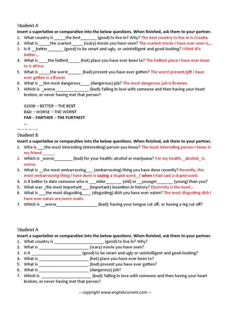 Comparatives Superlatives Conversation Questions PDF