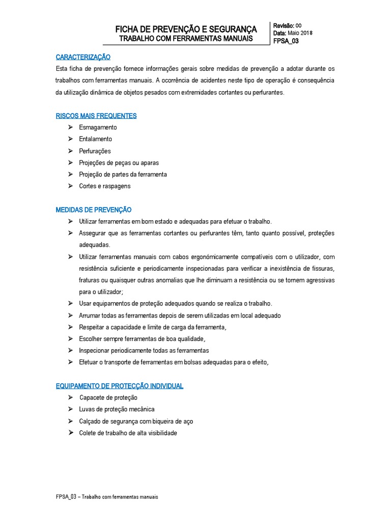 Segurança no uso de ferramentas manuais: riscos e medidas preventivas | PDF
