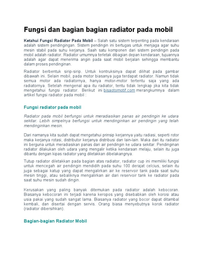 Fungsi dan Komponen Radiator Mobil | PDF