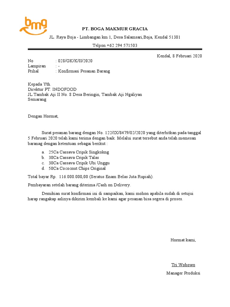 Surat Konfirmasi Pesanan | PDF