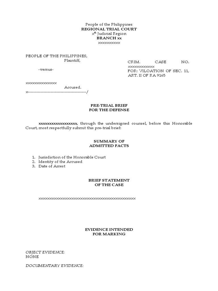 Pre-Trial Brief for Defense in RA 9165 Case | PDF | Law