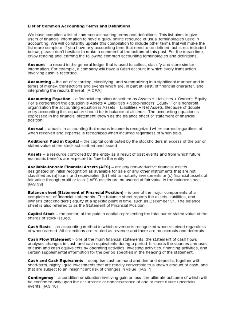 Common Accounting Terms Explained | PDF | Debits And Credits | Balance ...