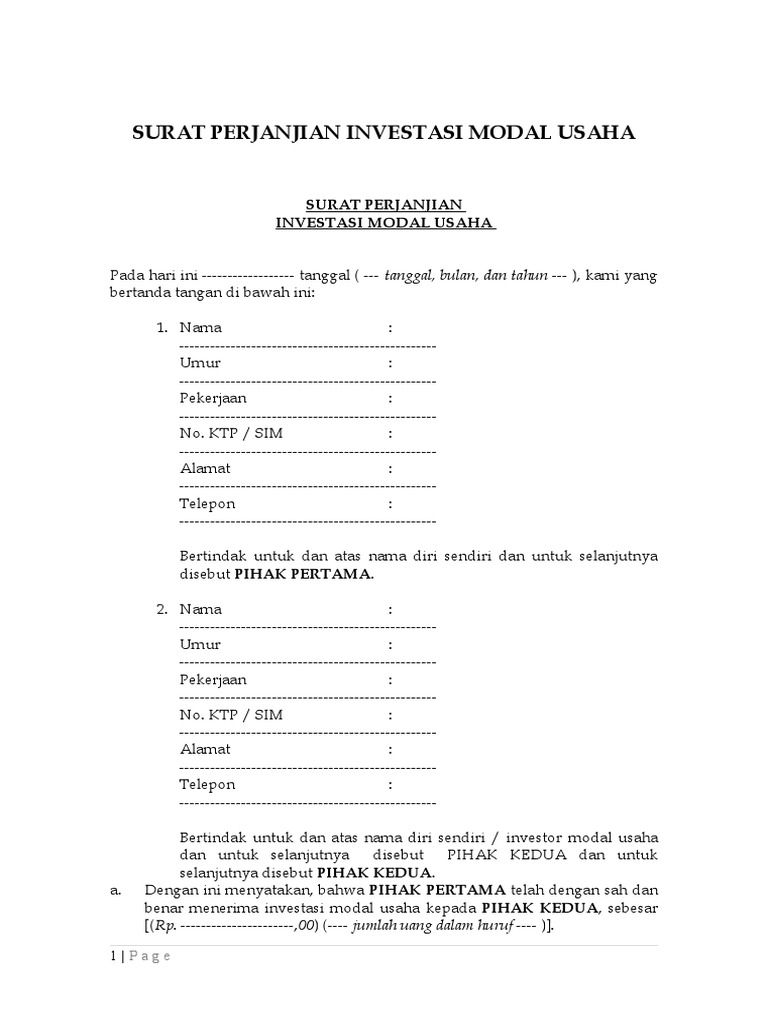 Surat Perjanjian Investasi Modal Usaha PDF