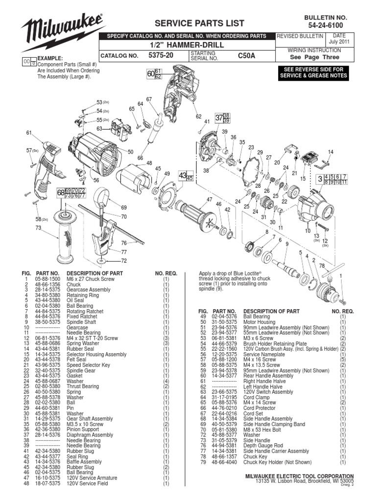 Service Parts List: 1/2" Hammer-Drill | PDF | Screw | Tools