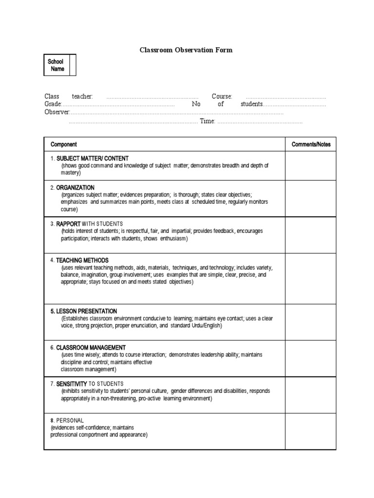 Classroom Observation Evaluation Form | PDF | Classroom Management ...