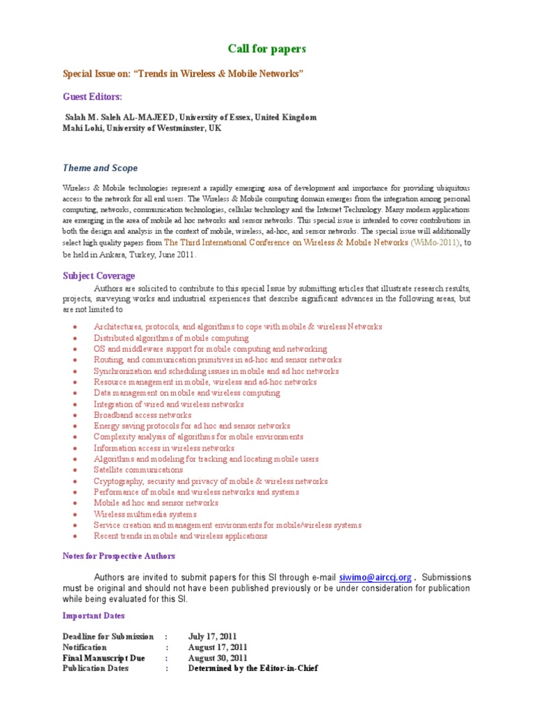 Call for Papers: Wireless & Mobile Networks | PDF | Computer Network ...