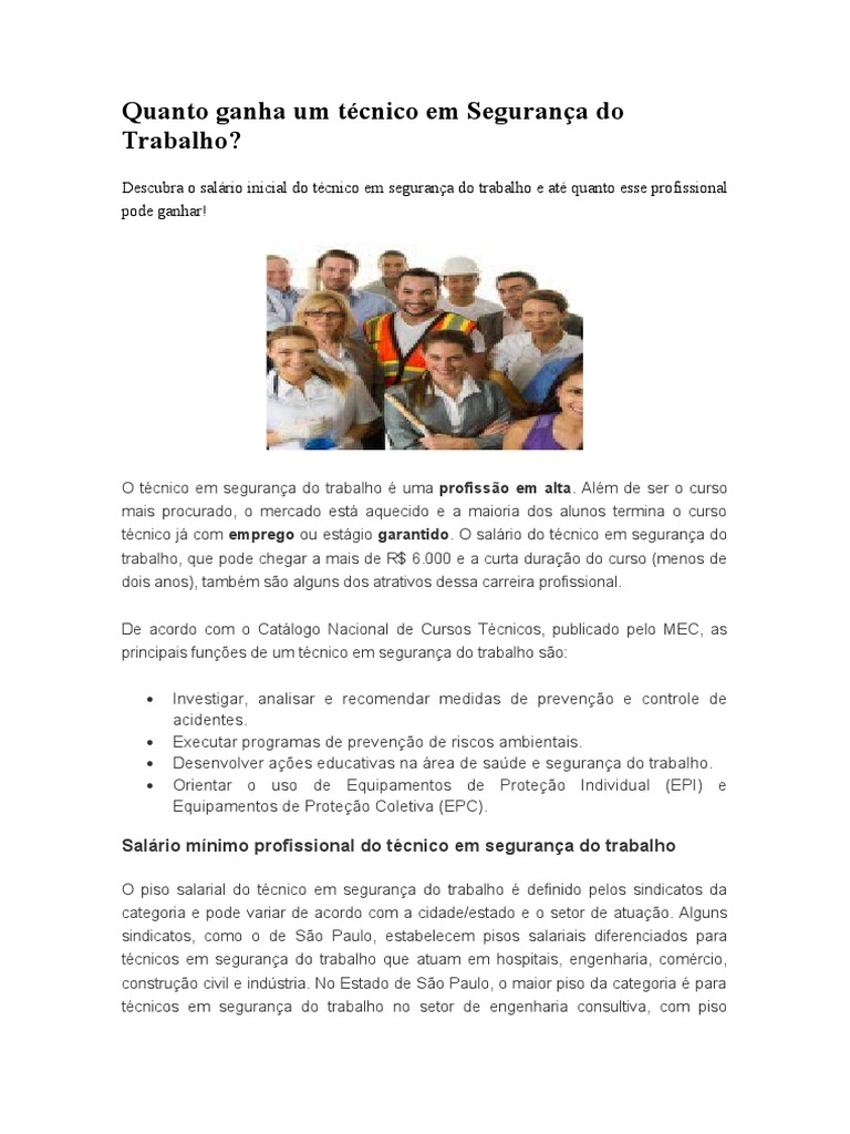 Quanto Ganha Um Técnico em Segurança Do Trabalho | PDF | Salário ...