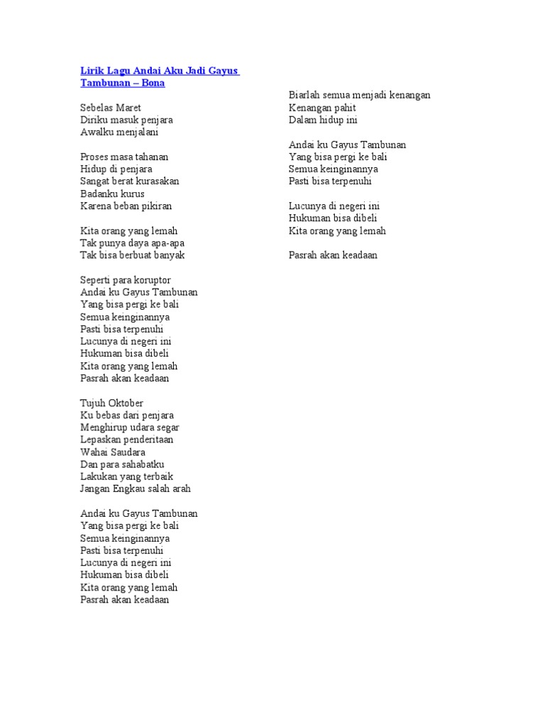 Lirik Lagu Andai Aku Jadi Gayus Tambunan