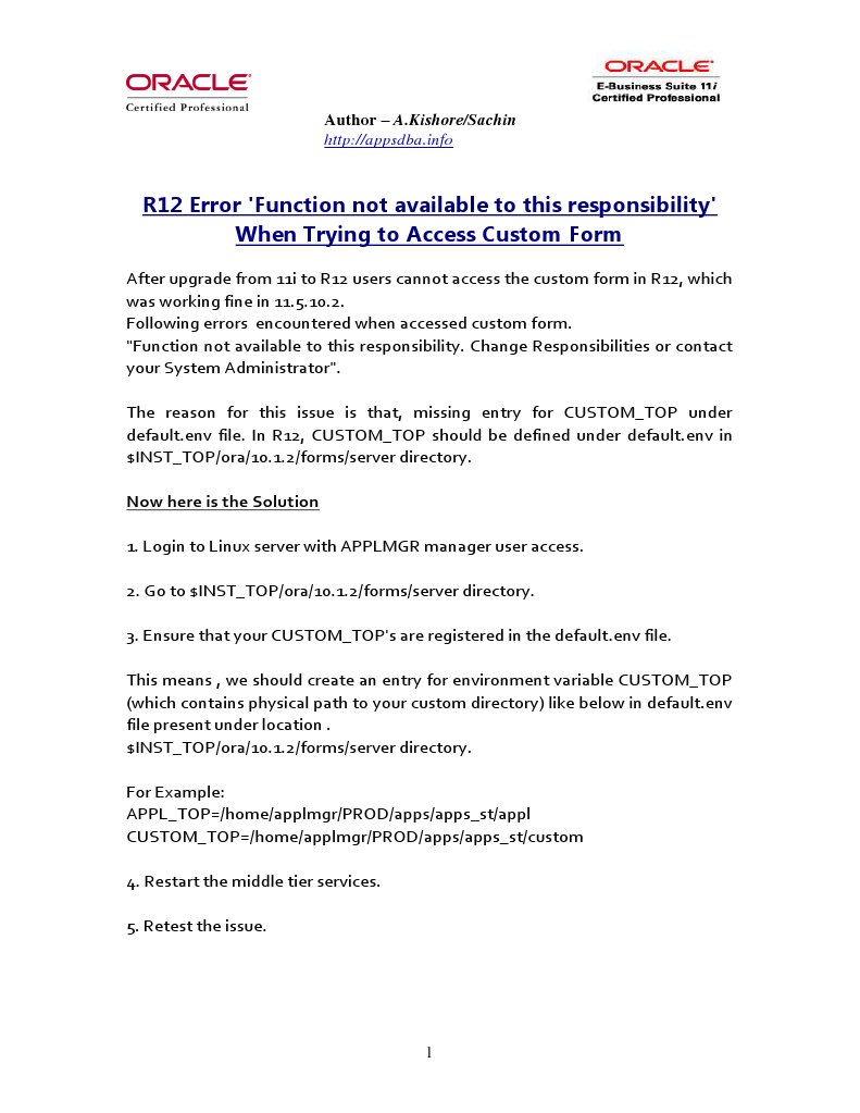 R12 Custom Form Access Error Fix | PDF