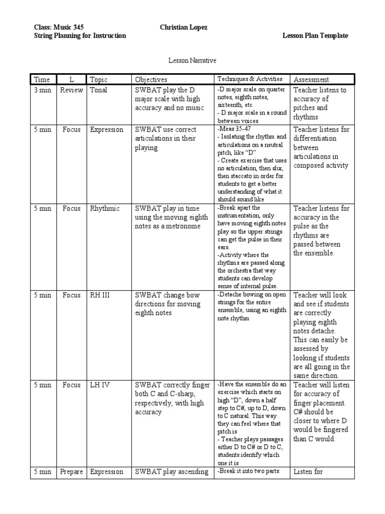 Class Music 345 Christian Lopez String Planning For Instruction Lesson