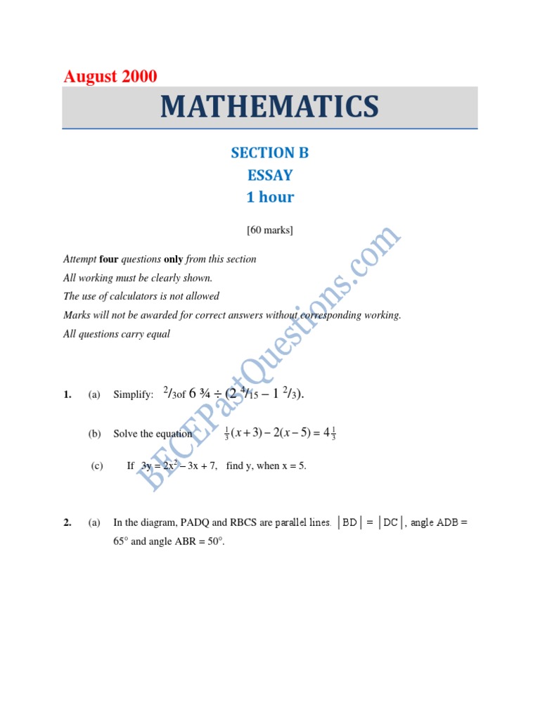 BECE 2000 Mathematics Paper 1 | PDF | Angle | Geometry