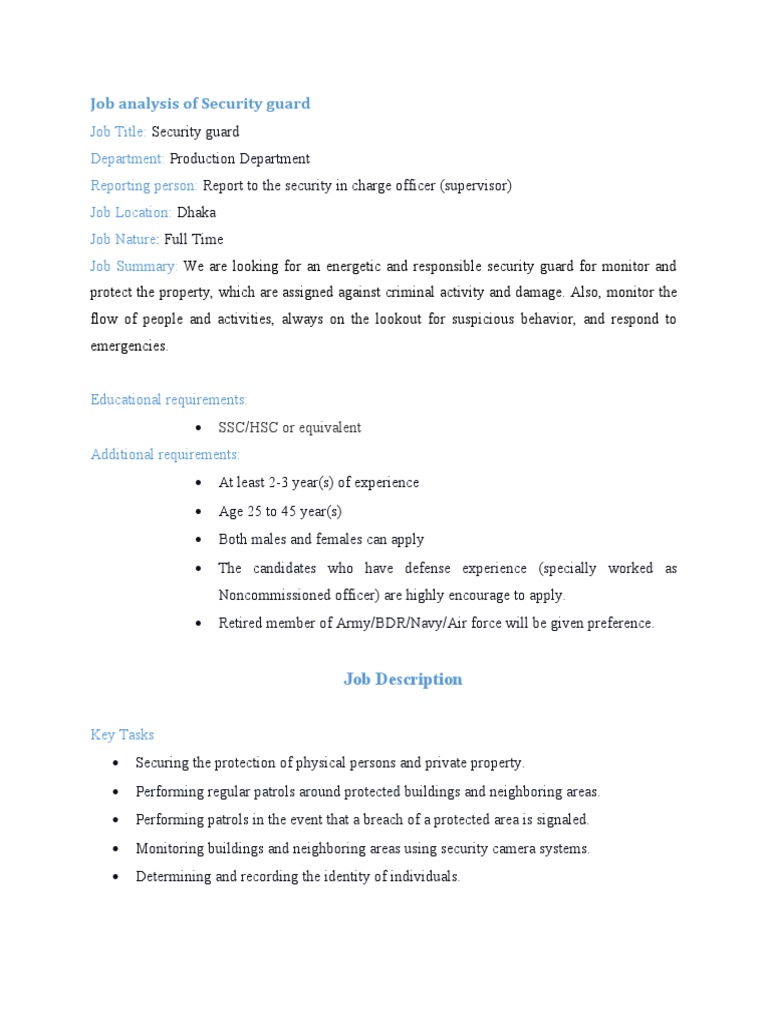 Job Analysis of Security Guard Job Title Department Reporting Person