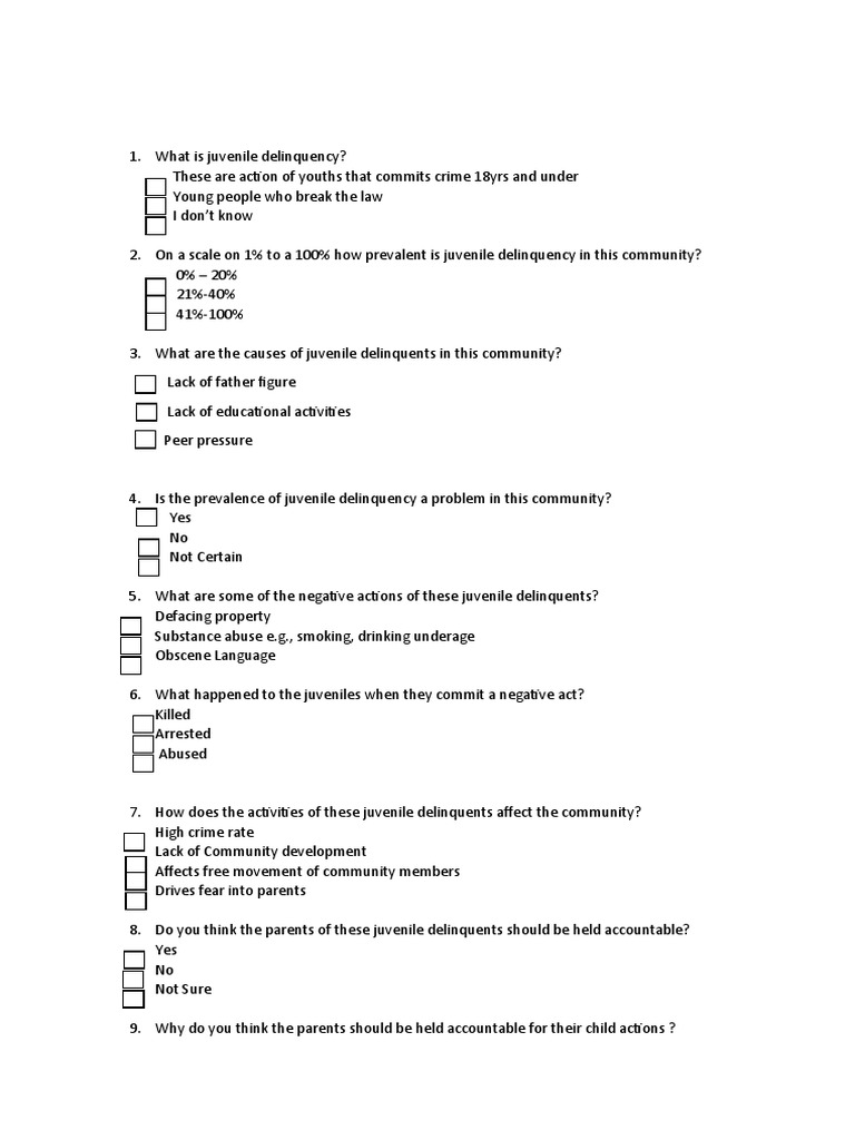 Questions For Questionnaires 4 PDF Juvenile Delinquency Community