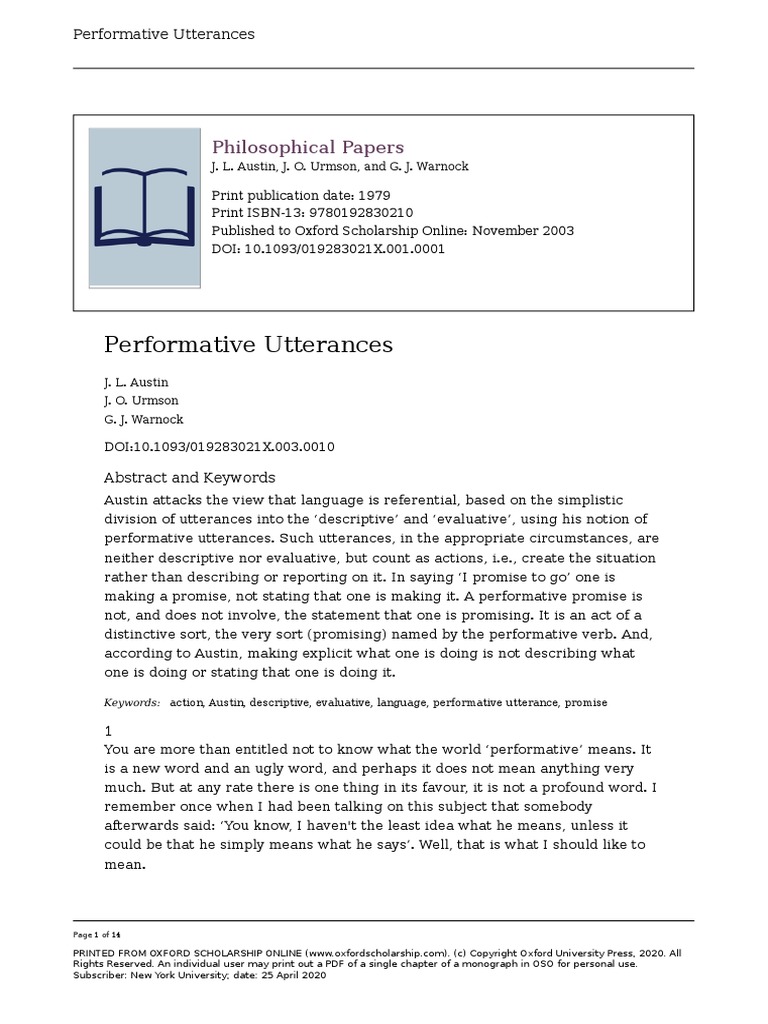 Austin Performative Utterances | PDF | Question | Grammatical Tense