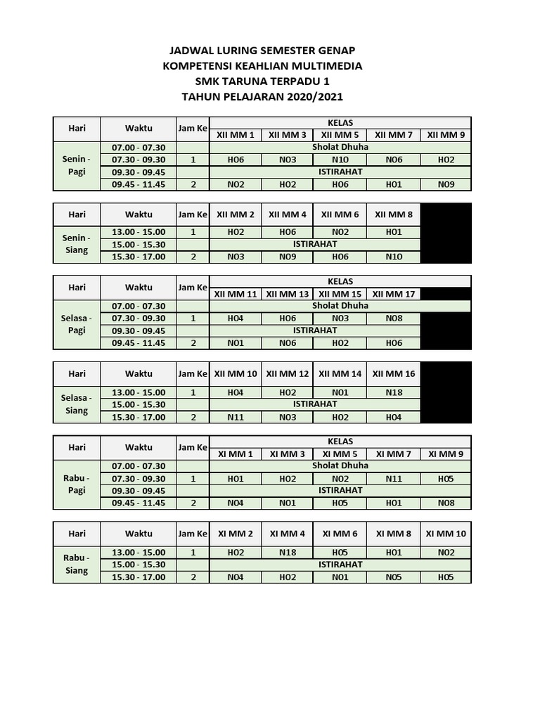 Jadwal Luring Semester Genap Kompetensi Keahlian Multimedia SMK Taruna