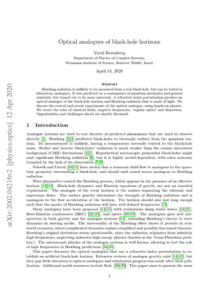 Optical Analogues of Black-Hole Horizons: Yuval Rosenberg | PDF ...