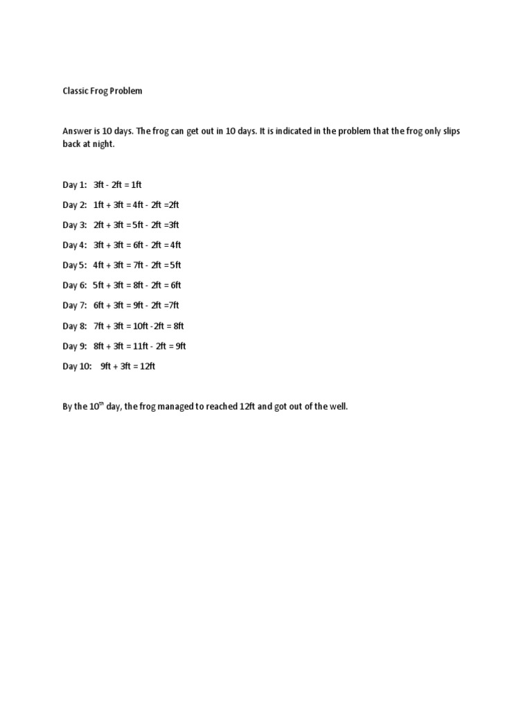 Frog Problem: 10-Day Escape Solution | PDF | Home & Garden