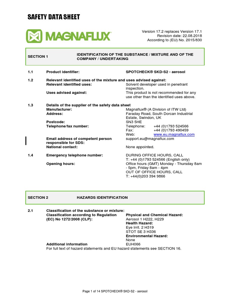 MSDS Spotcheck Developer SKD-S2 | PDF | Toxicity | Dangerous Goods