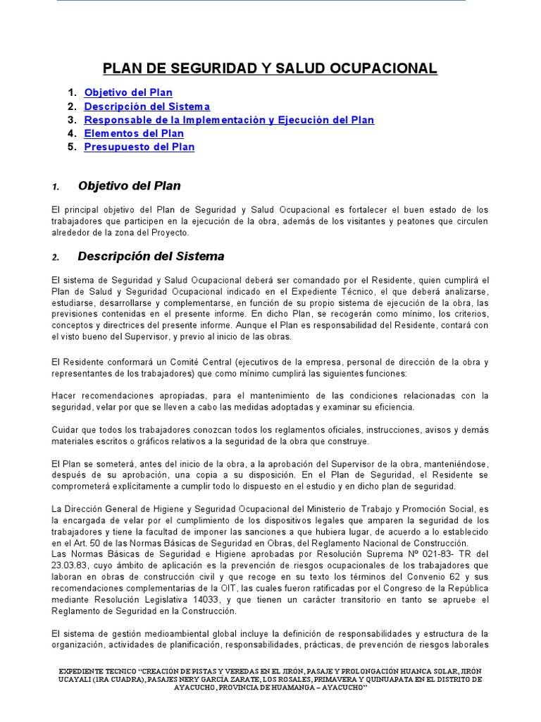Plan de Seguridad y Salud Ocupacional | PDF | Seguridad y salud ...