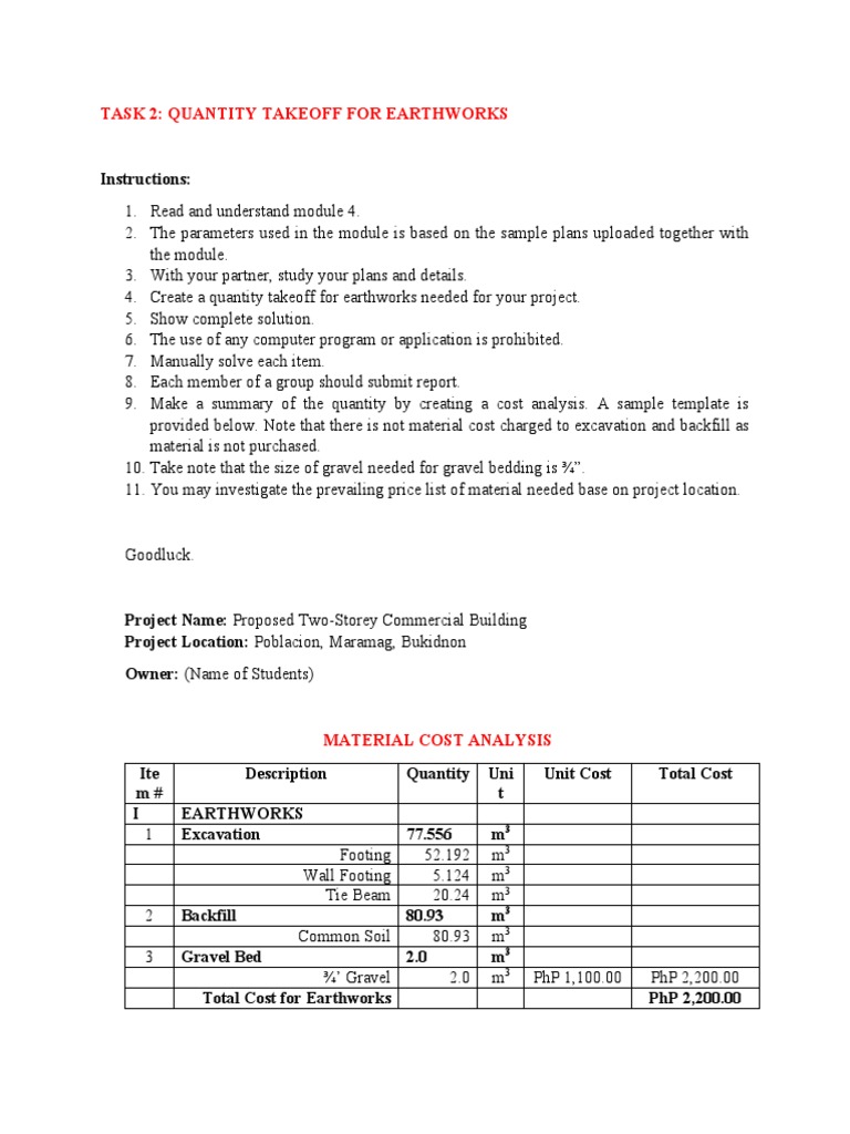 Task 2: Quantity Takeoff For Earthworks | PDF | Science & Mathematics