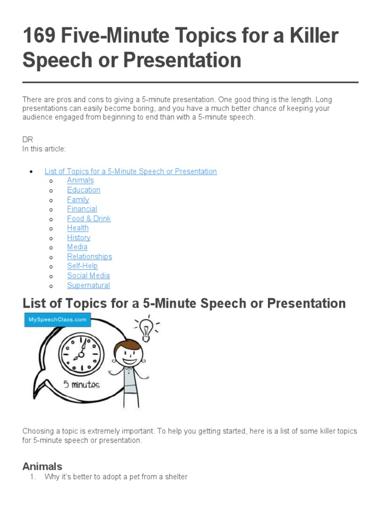 169 Killer 5-Minute Speech Topics | PDF | Pet | Social Media