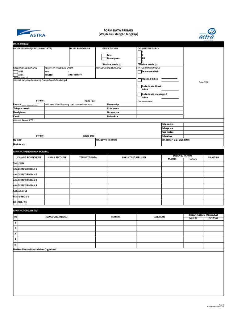 2019.asuransi Astra - Form Data Pribadi | PDF