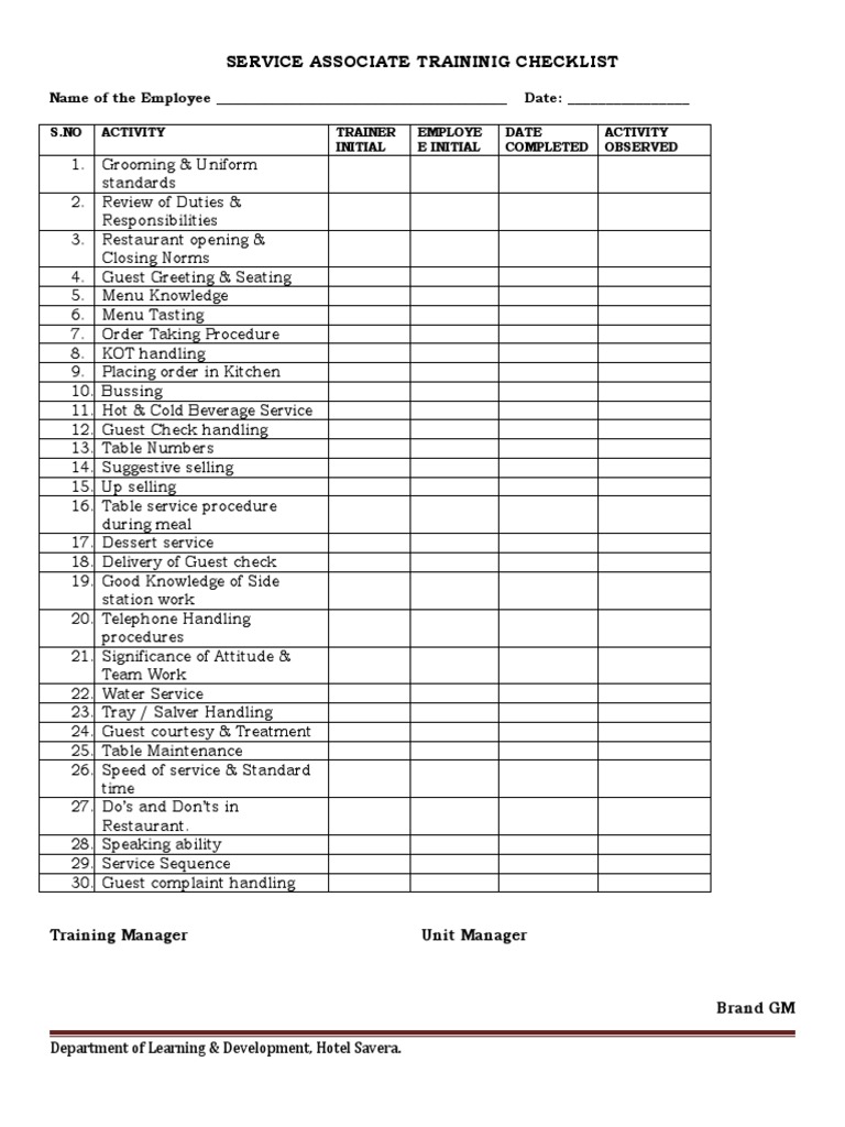 Service Associate Training Checklist | PDF