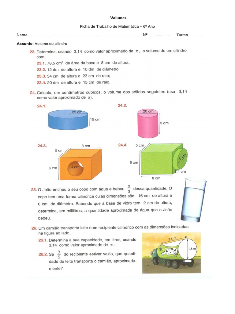 Ficha de Volume do Cilindro - 6º Ano | PDF | Jogos e Atividades