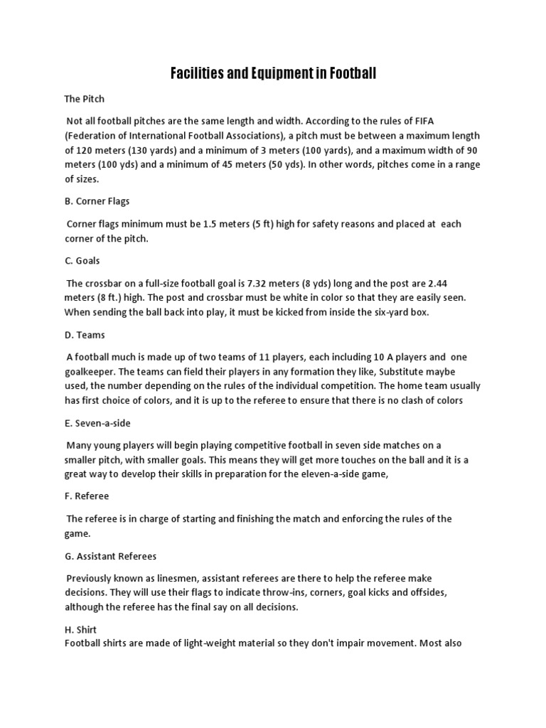 Facilities and Equipment in Football PDF Association Football