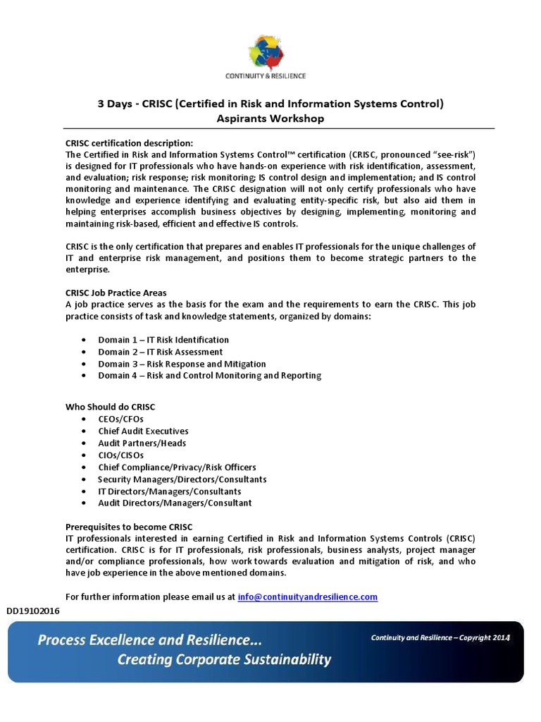 3 Days - CRISC (Certified in Risk and Information Systems Control ...