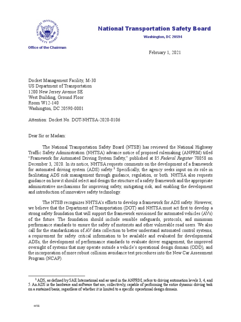 NTSB Letter To NHTSA Feb. 1, 2021 | PDF | National Highway Traffic ...