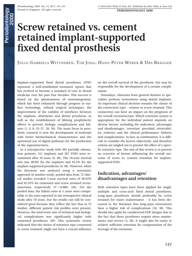 Screw Retained Vs Cement Retained ImplantSupported Fixed Dental