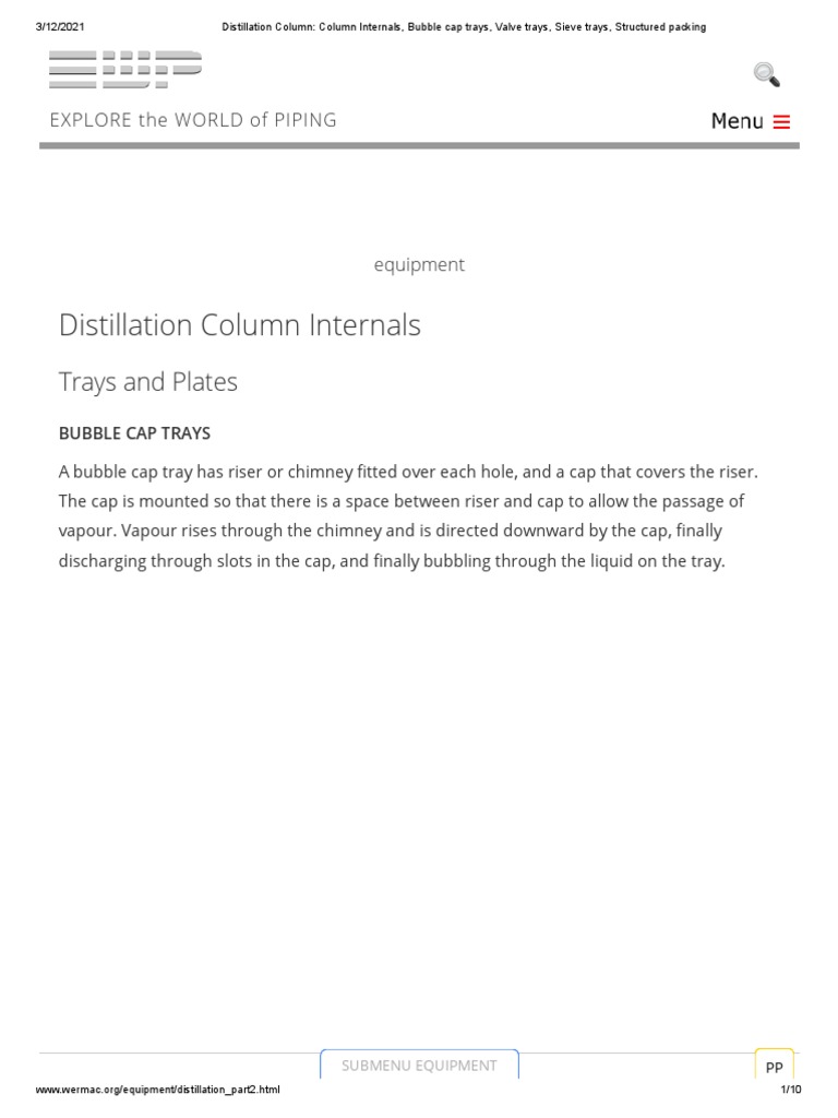 Distillation Column Column Internals, Bubble Cap Trays, Valve Trays, Sieve Trays, Structured