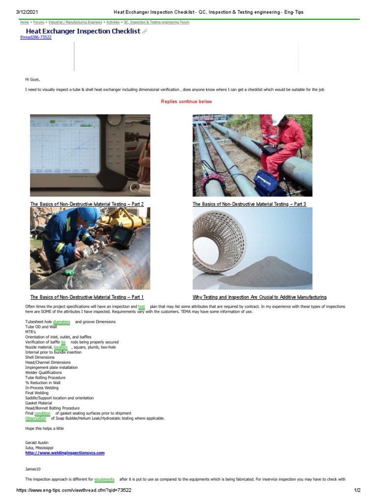 Heat Exchanger Inspection Checklist QC, Inspection & Testing