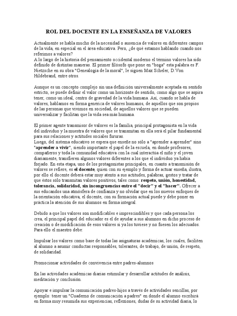Rol del docente en la enseñanza de valores | PDF | Maestros | Aprendizaje