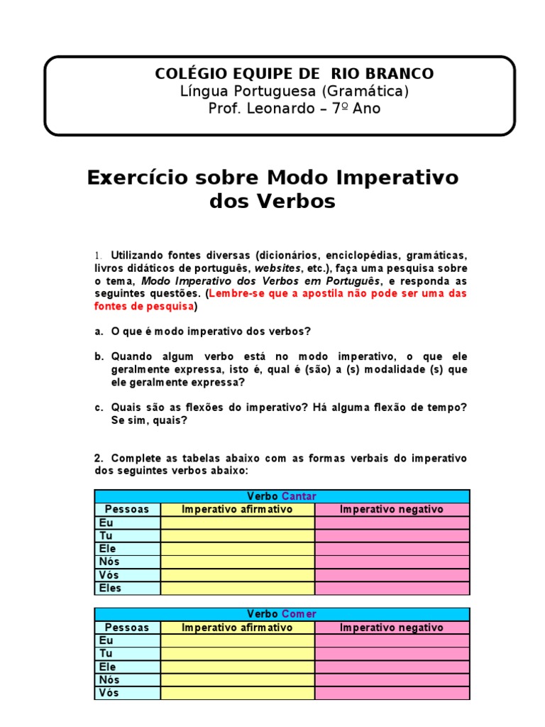 Exerc cio Sobre Modo Imperativo Dos Verbos 12 05 2010 Semi tica