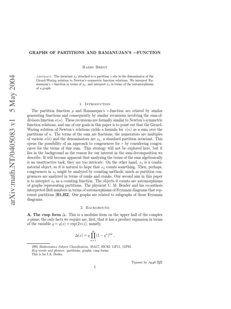 Graph Partitions and Ramanujan's TauFunction PDF Vertex (Graph