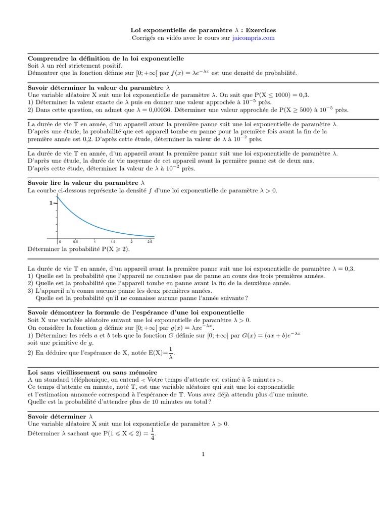 Fonction Exponentielle Exercices Et Problèmes Corrigés Pdf Loi Exponentielle Exercice | PDF | Variable aléatoire à densité | Fonction  exponentielle