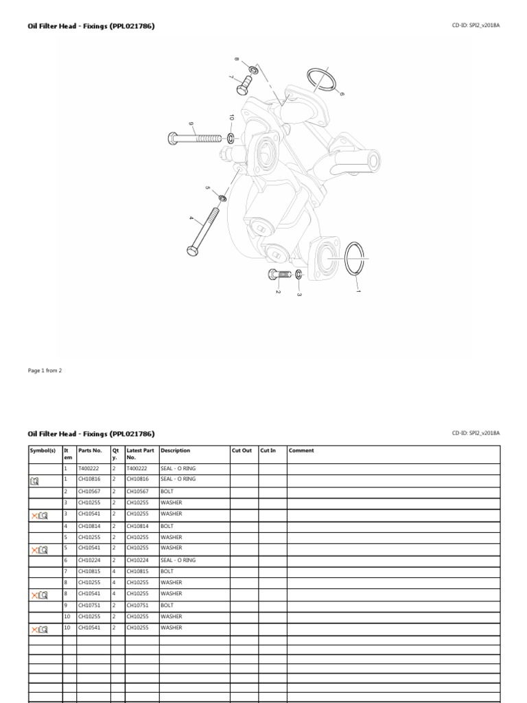 Oil Filter Head Fixings Parts List Specifications and Details for