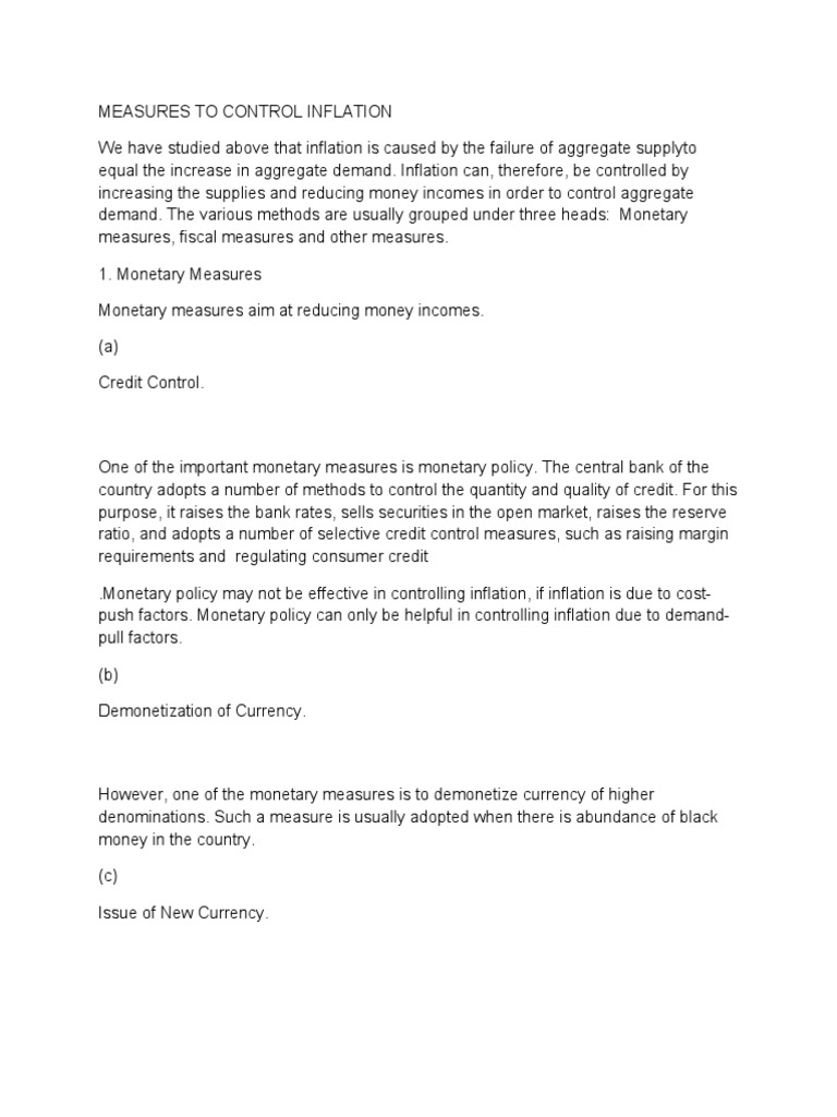 Measures To Control Inflation | PDF | Inflation | Monetary Policy