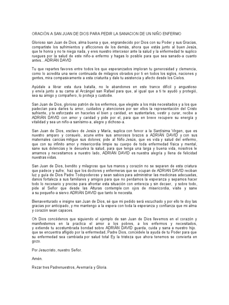 Oración a San Juan de Dios por un Niño Enfermo | PDF | Oración | María ...