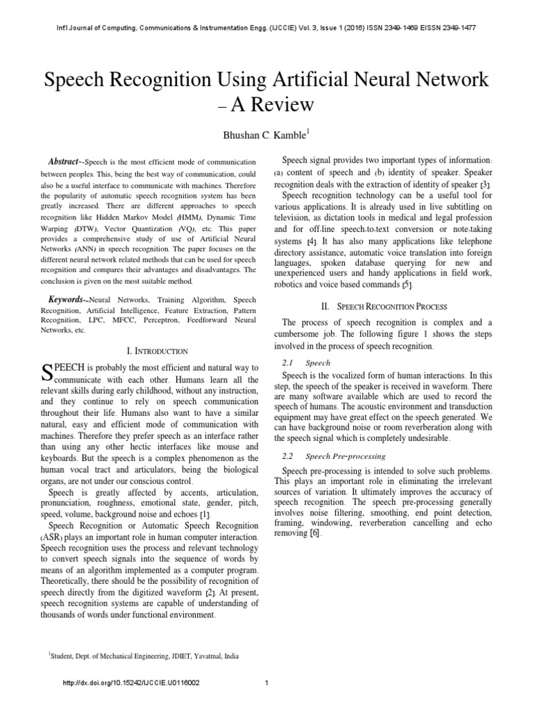 Speech Recognition Using Artificial Neural Network: - A Review | PDF ...